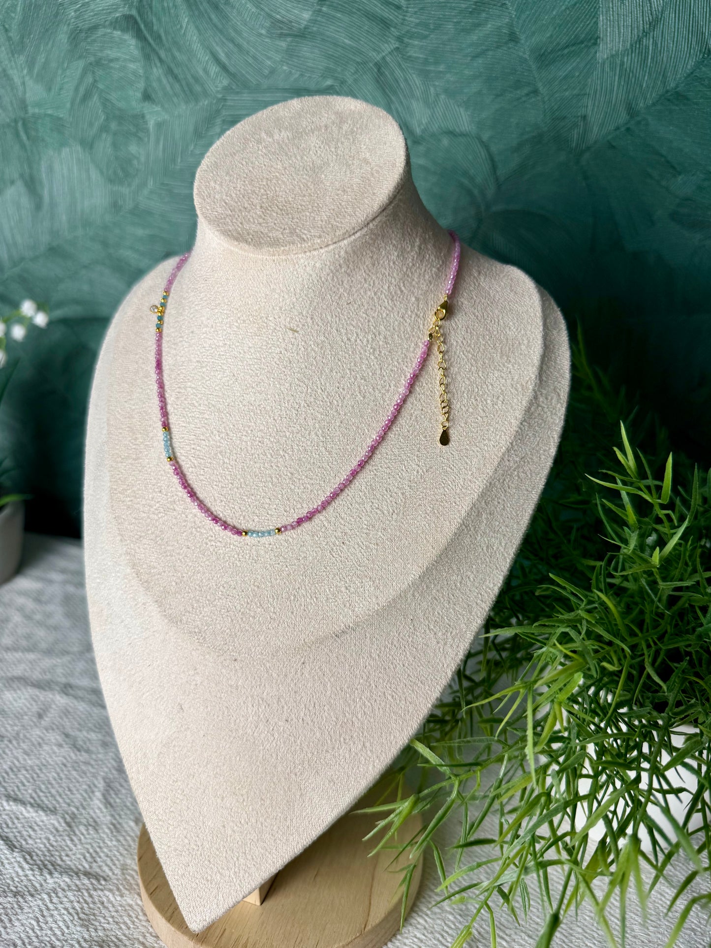 Edelsteinkette „Rosé Azur“ Rosa Zirkon & Apatit, 925 Silber, 18K Gold