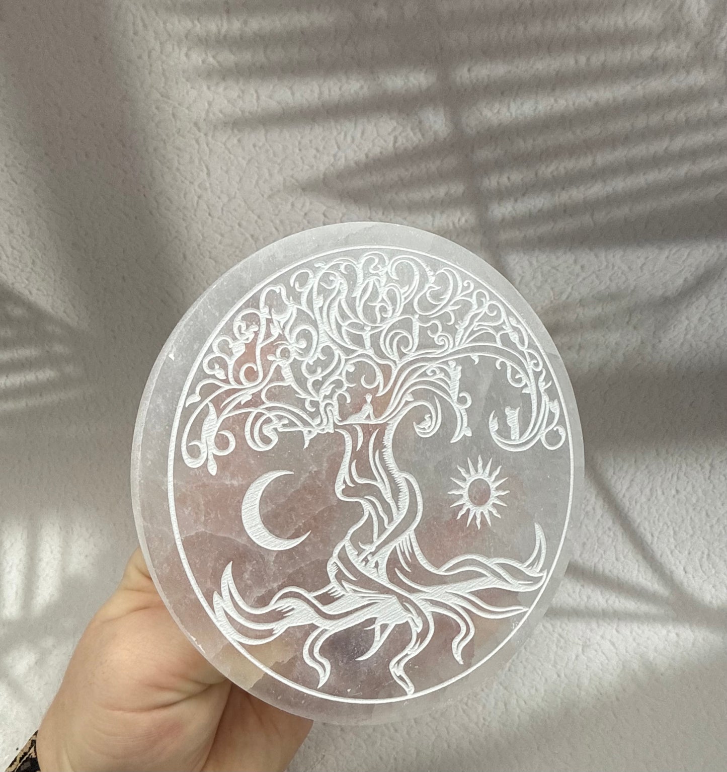 Selenit Ladeplatte groß - Baum/Mond/Sonne