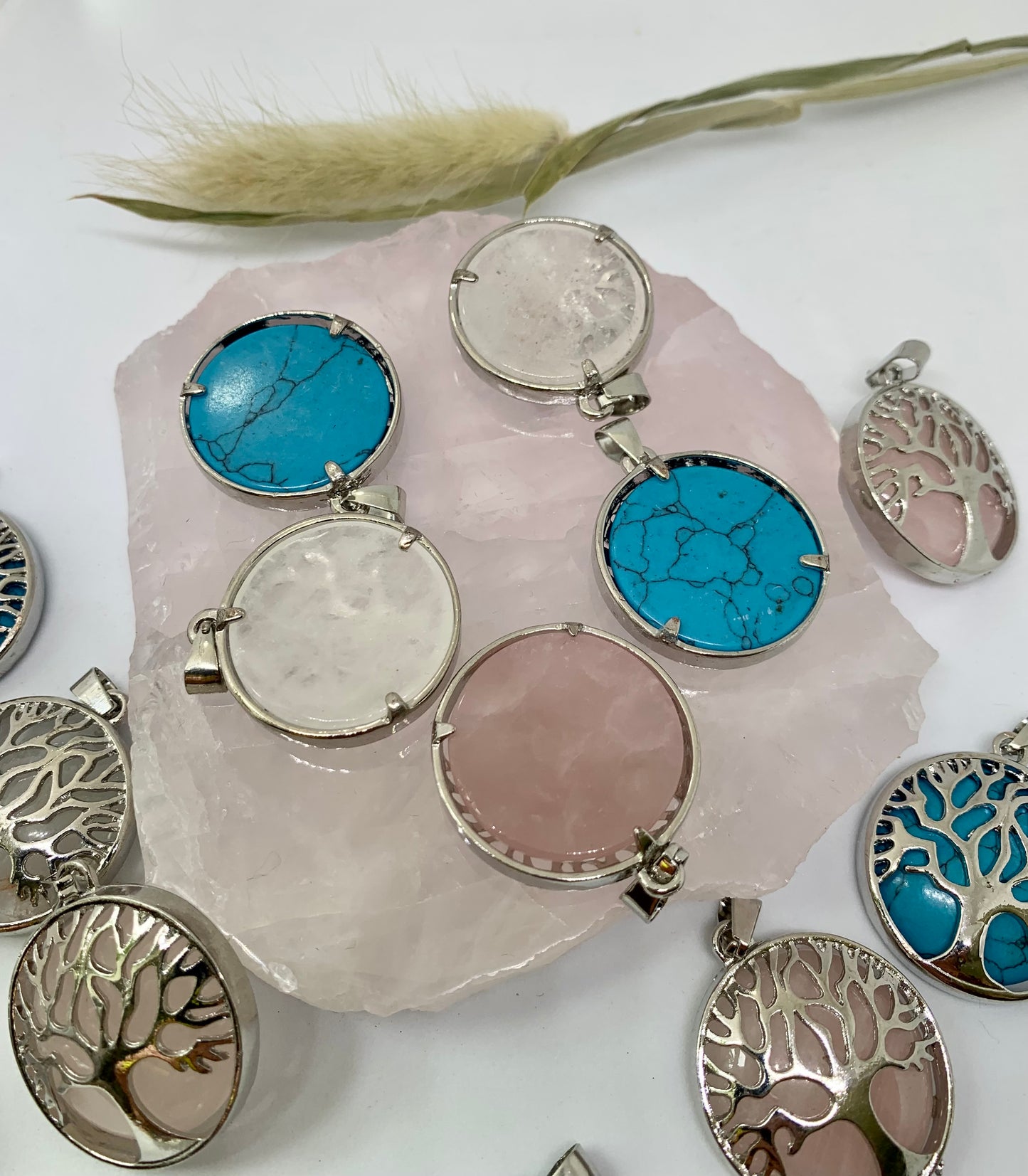 Baum des Lebens Anhänger Edelstahl - Türkis/Rosenquarz/Bergkristall