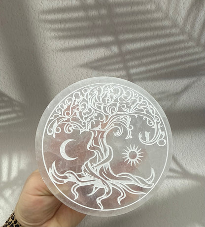 Selenit Ladeplatte groß - Baum/Mond/Sonne