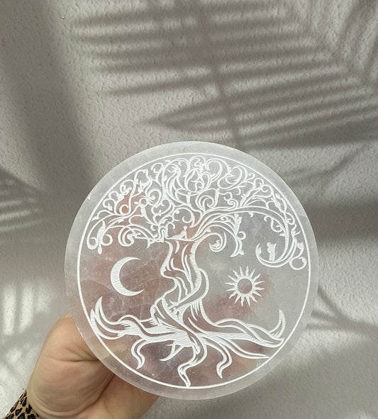 Selenit Ladeplatte groß - Baum/Mond/Sonne