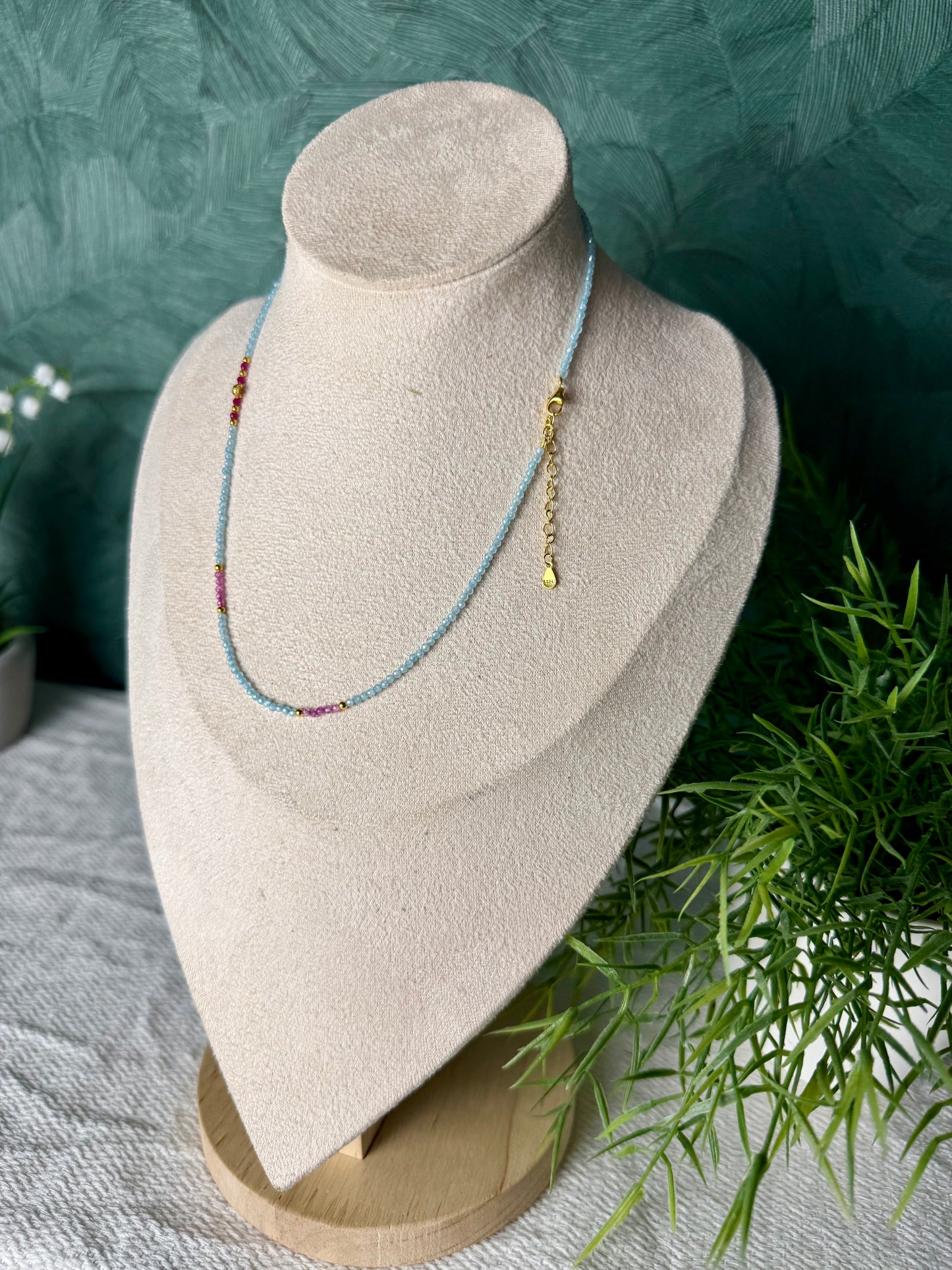 Edelsteinkette „Aqua Étoile“ Aquamarin, Korund & Zirkonia, 925 Silber, 18K Gold