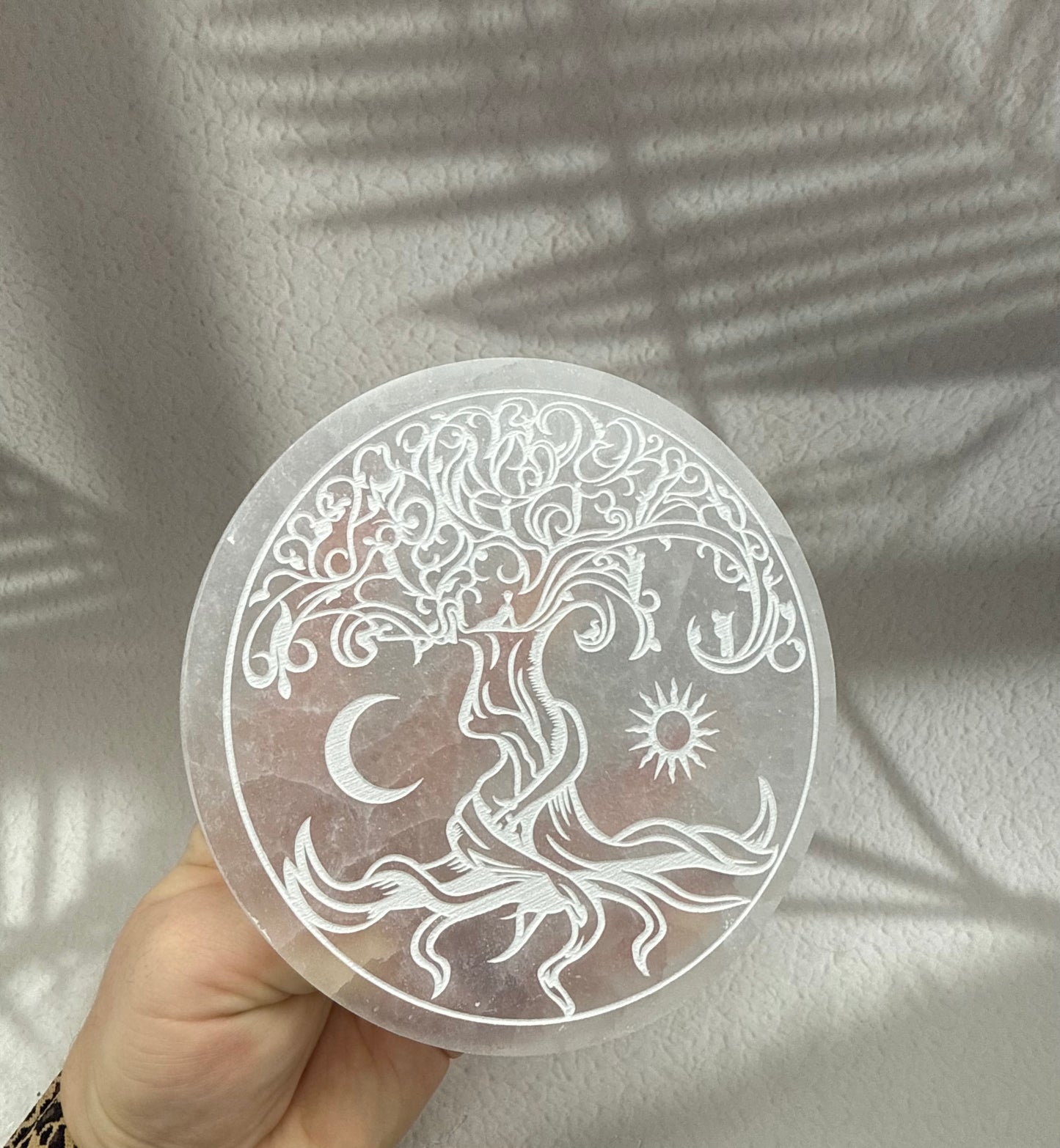 Selenit Ladeplatte groß - Baum/Mond/Sonne