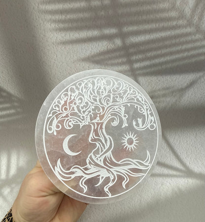 Selenit Ladeplatte groß - Baum/Mond/Sonne