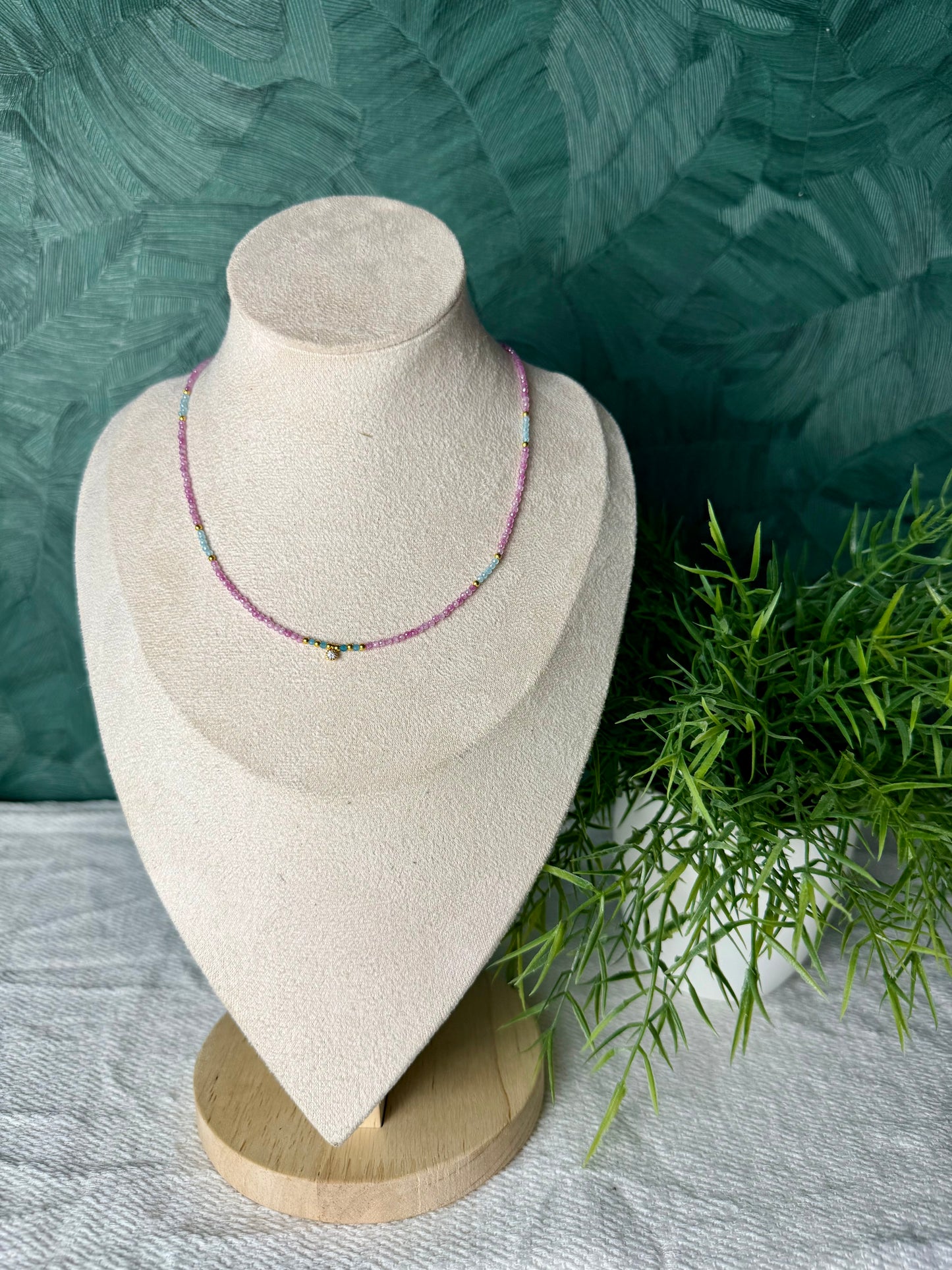 Edelsteinkette „Rosé Azur“ Rosa Zirkon & Apatit, 925 Silber, 18K Gold