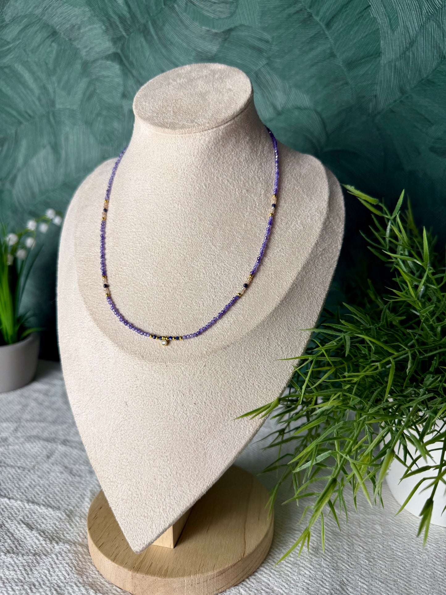 Edelsteinkette „Luna Amara“ – Amethyst, Lapislazuli & Mondstein, 925 Silber, 18K vergoldet